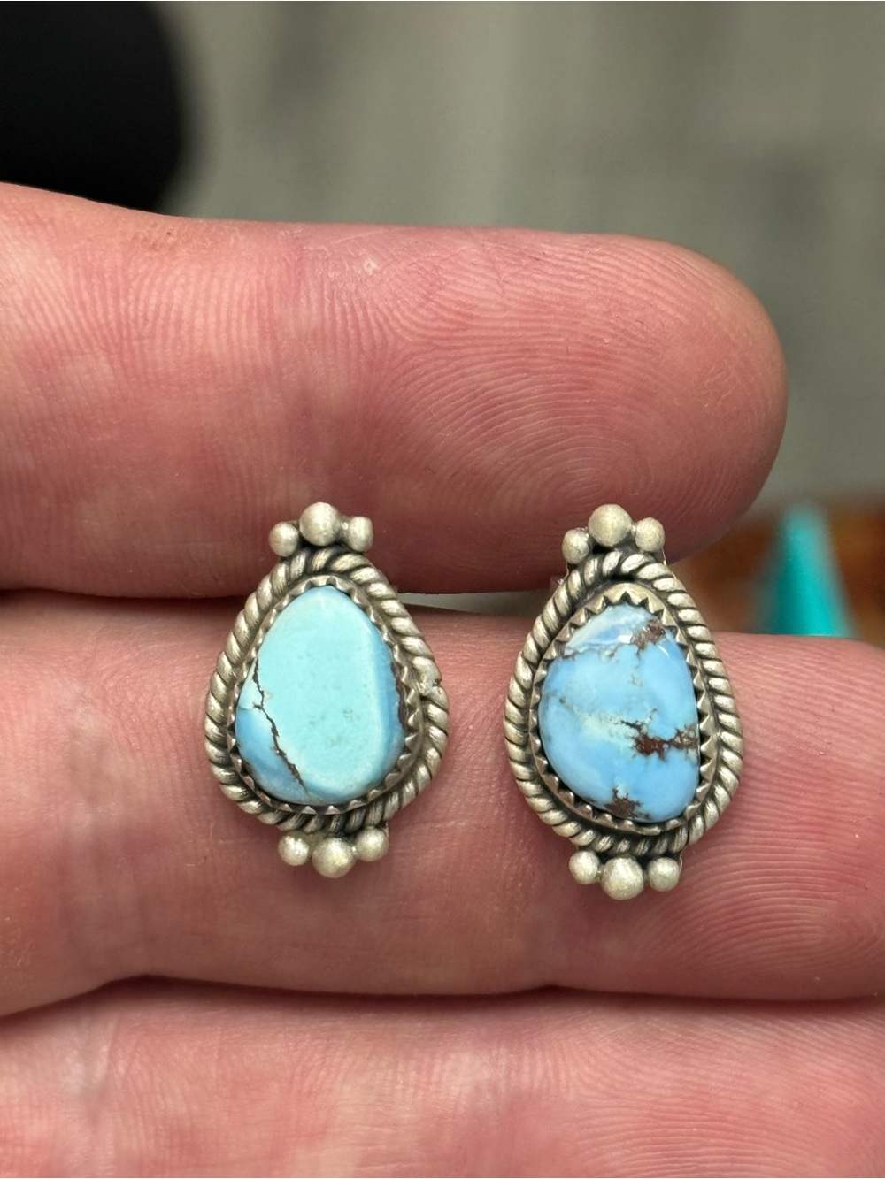 STERLING SILVER GOLDEN HILLS TURQUOISE TWIST BALL BEADED STUD EARRINGS .925 - Picture 3 of 13